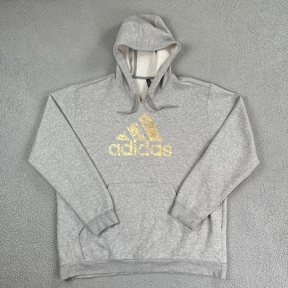 Adidas Liquid Gold Foil Badge of Sport Hoodie Men 2XL Heather Grey Pullover Logo